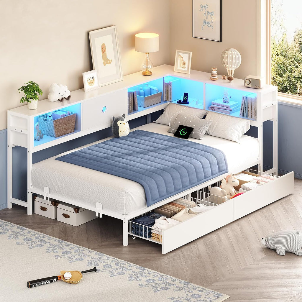 Hasuit Corner Twin Bed Frame with Storage Drawers and Bookcase Headboard, Twin Size Metal Platform Corner Bed Frame with Charging Station and LED Lights, Twin Daybed for Kids Teens Guests, White