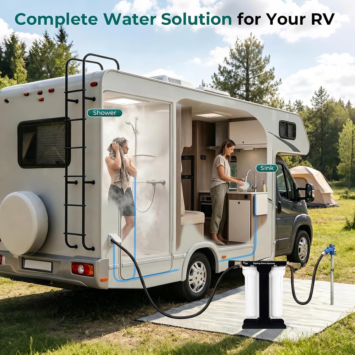 iSpring 2-Stage RV Water Filter System, Removes up to 99% Contaminants, Including Chlorine, Sediment, Sand, Dirt, Odor, and Color, Leak-Free Brass Fittings, External Mounting Bracket, Model: CW21