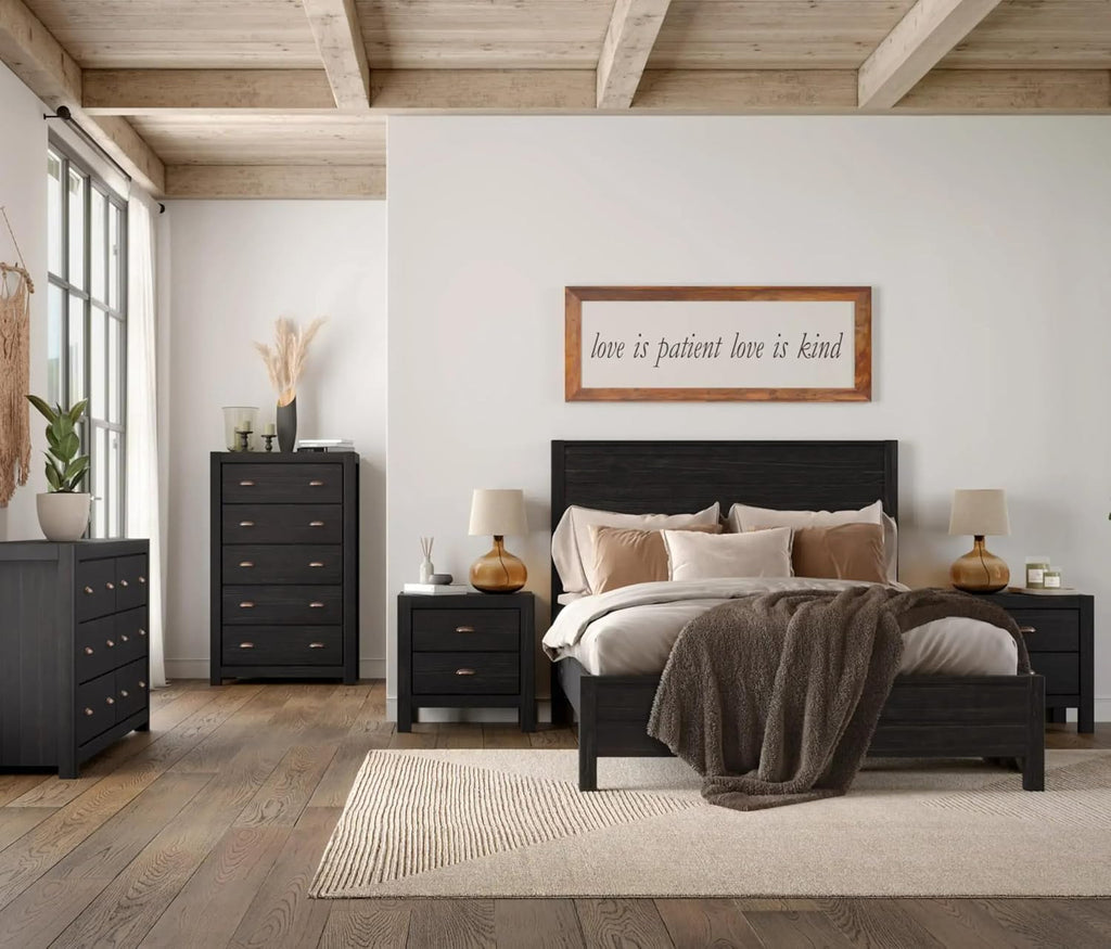 Grain Wood Furniture Montauk Solid Wood 5 Piece Bedroom Set in Farmhouse Black, Full Bed