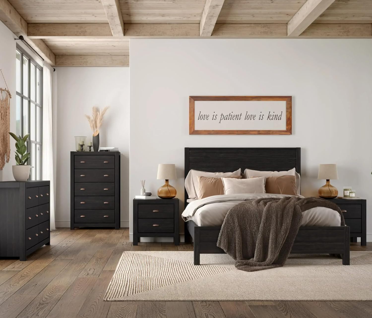Grain Wood Furniture Montauk Solid Wood 5 Piece Bedroom Set in Farmhouse Black, Full Bed