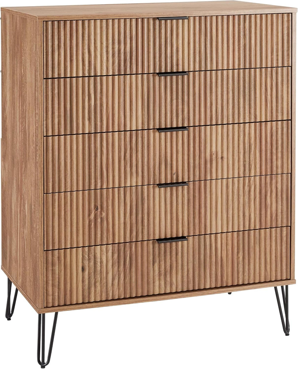 Manhattan Comfort Dumbo Modern 5-Drawer Tall Dresser and Nightstand 2.0 Set - Black Metal Accents - Vertical Ribbed Design - No Tool Assembly Storage for Bedroom & Living Room, Golden Brown
