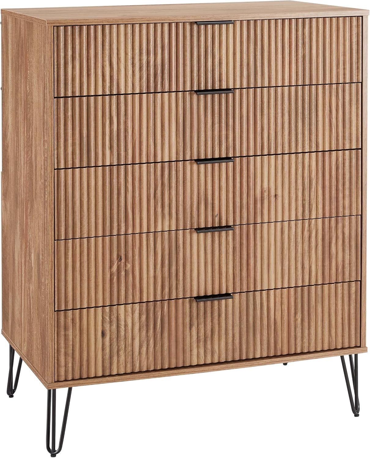 Manhattan Comfort Dumbo Modern 5-Drawer Tall Dresser and Nightstand 2.0 Set - Black Metal Accents - Vertical Ribbed Design - No Tool Assembly Storage for Bedroom & Living Room, Golden Brown