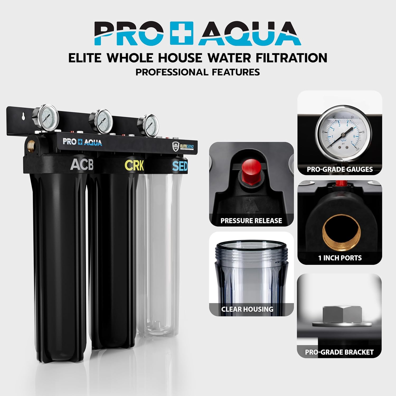 PRO+AQUA Elite Series GEN2 PRO-100-E 3-Stage Whole House Water Filtration System for City & Well Water with Pressure Gauges | Reduces Contaminants, Sediment, Chemicals, Heavy Metals, with 1' Ports