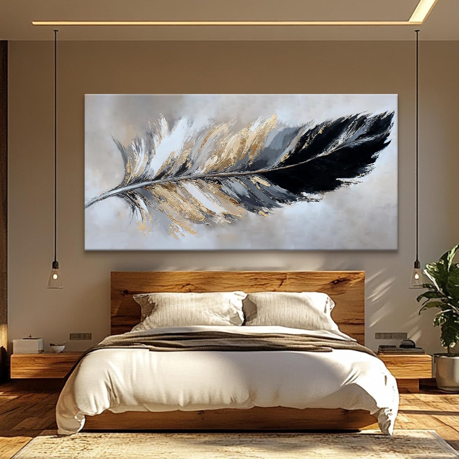 YISXINOAG Modern Abstract Wall Art Canvas Art Wall Decor Black and Gold Large Wall Art for Living Room Modern Home Decorations Abstract Art Prints Minimalist Feather Home Artwork Size 39'X78'