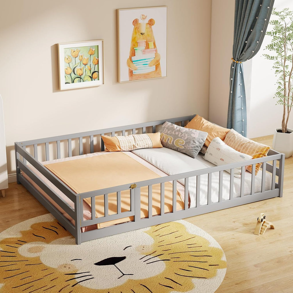 BECOMFORT Full Size Floor Bed for Kids, Kids Wood Bed Frame with Door, Latch & Safety Guardrails, Montessori Bed for Boys Girls