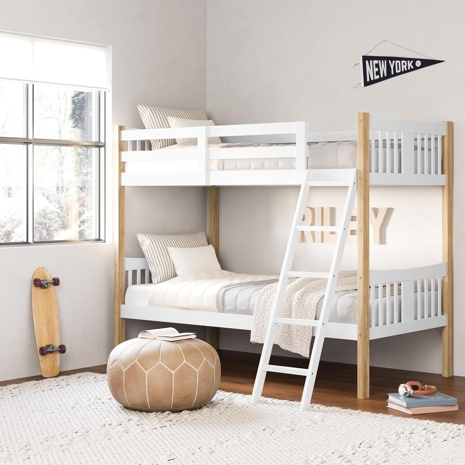 Storkcraft Caribou Bunk Bed Twin Over Twin Bunk Bed (White with Natural) - GREENGUARD Gold Certified, Converts to 2 Individual Beds