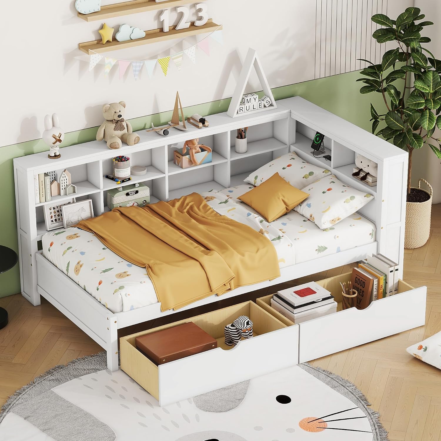 Twin Size Daybed with 2 Drawers,Minimalist Wooden Sofa Bed Frame with Storage Shelf and USB Charging Ports for Bedroom, Studyroom, Guestroom, Livingroom (White-wd56)