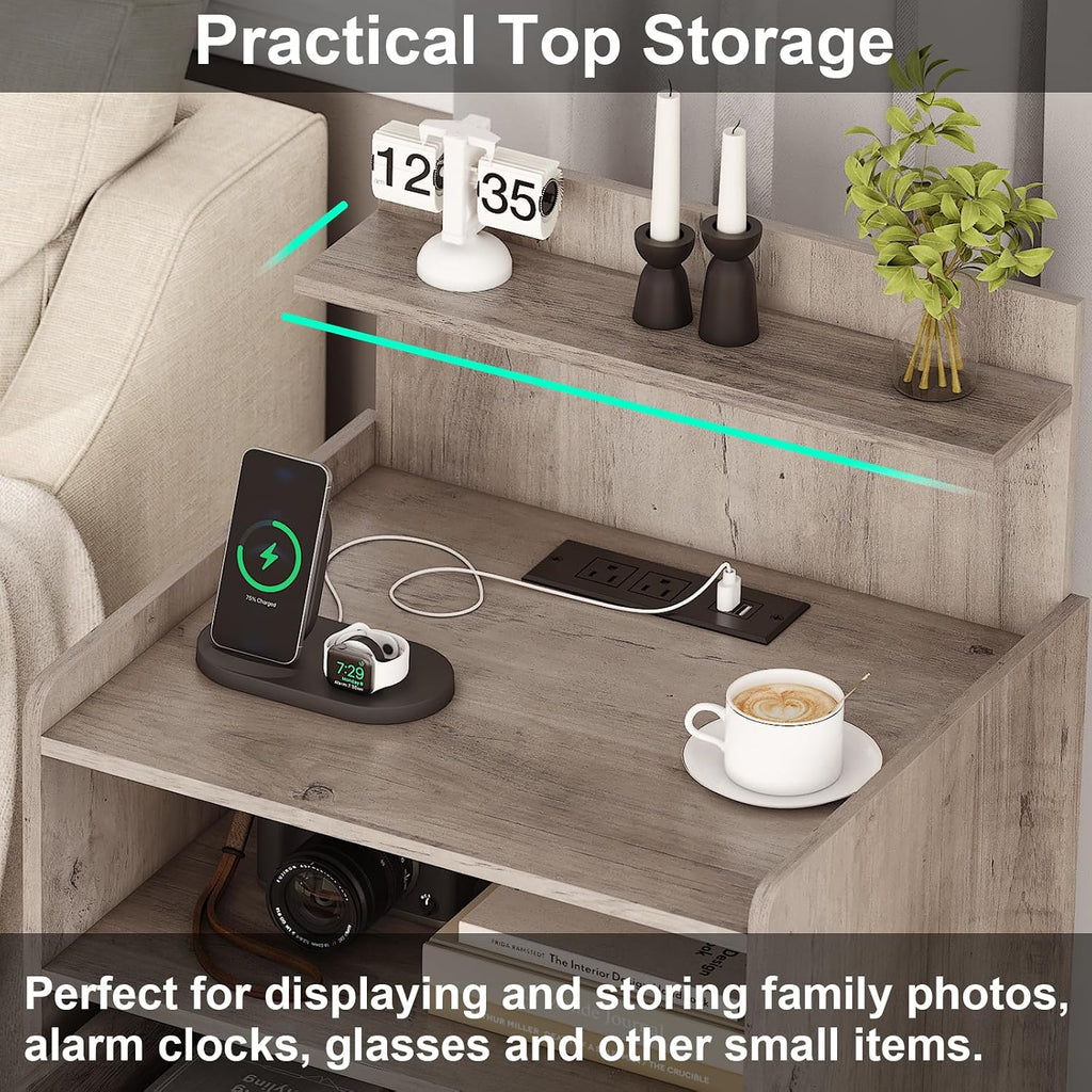 Nightstand Set of 2 with Charging Station and LED Lights, Bedside Table with 2 Drawers and Open Storage Shelf, 2 USB Ports and 2 AC Outlets, LED Night Stands for Bedroom Set of 2, Grey