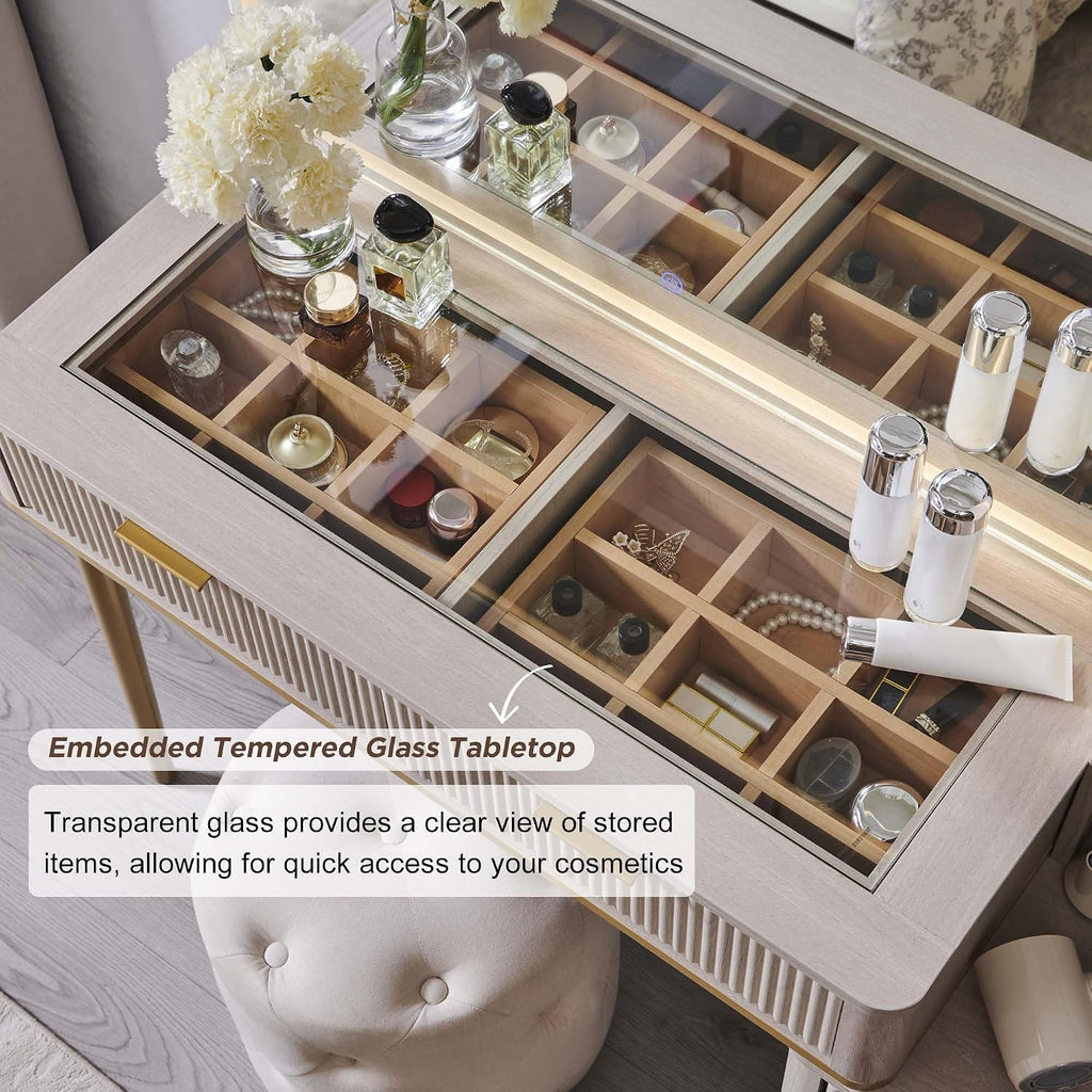 T4TREAM Fluted Makeup Vanity Desk with 36' HD Lighted Mirror, 48' Big Modern Vanity Desk with Mirror and Lights, Dressing Table with 5 Drawers & Shelves, Glass Top for Bedroom (Alder White)