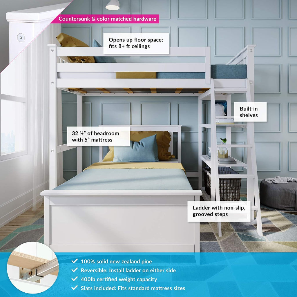 Max & Lily L Shape Twin over Twin Bunk Bed with Bookcase, White