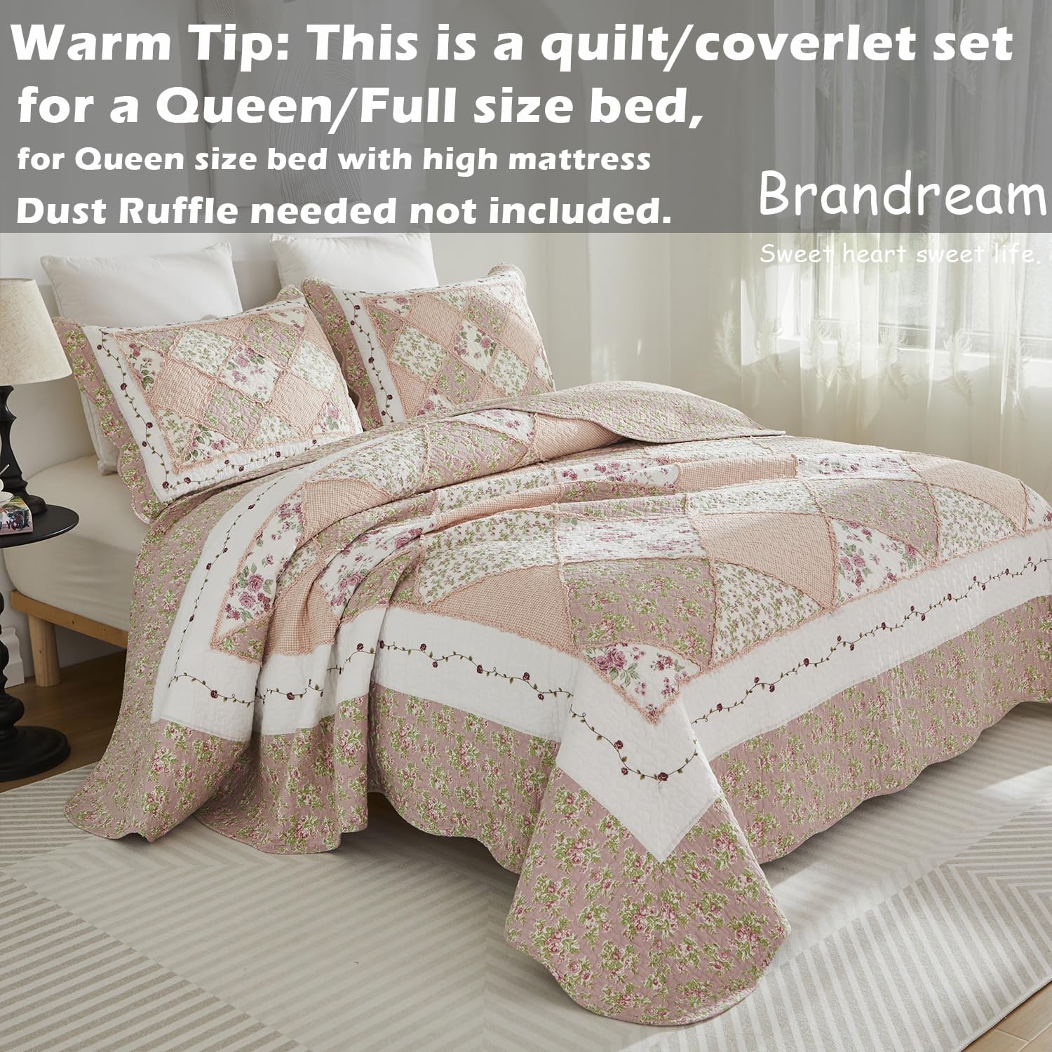 Brandream Queen Size Quilt Set Cotton Patchwork Quilts Blush Pink Cottage Floral Quilted Comforter Set 3-Piece