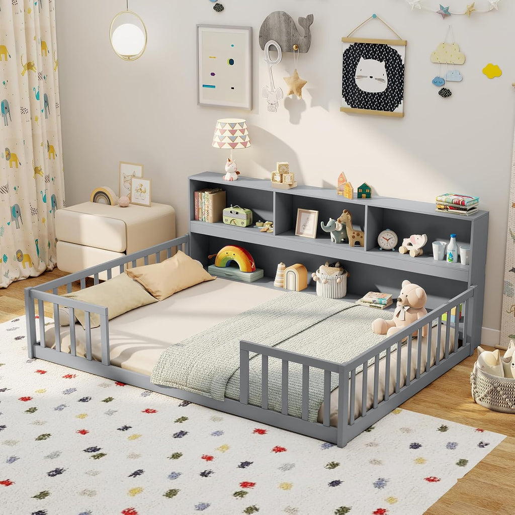 BECOMFORT Full Size Floor Bed for Kids, 2-in-1 Kids Wood Bed Frame with Bedside Bookcase & Safety Guardrails, Montessori Bed for Boys Girls