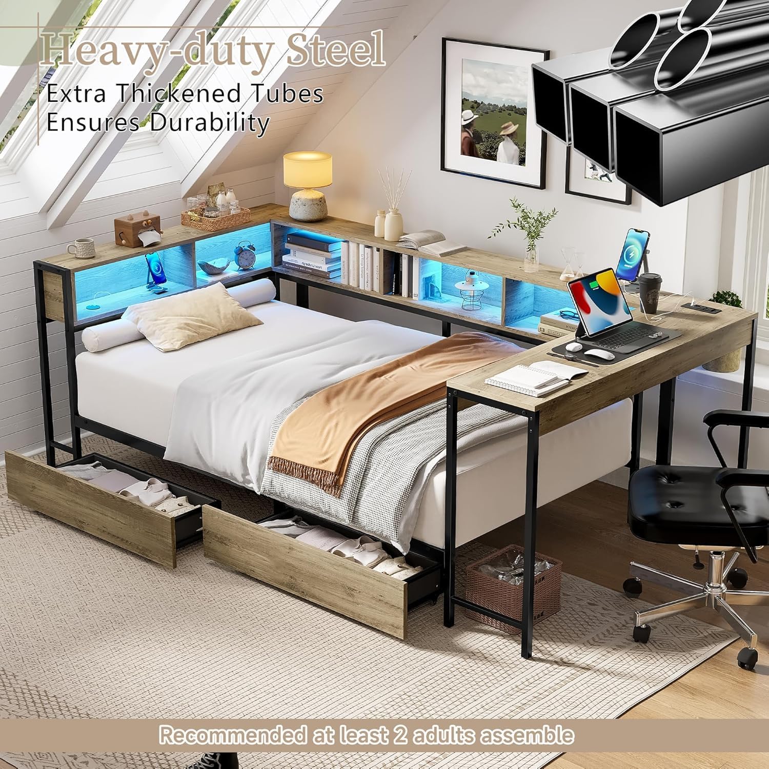 Full Corner Bed Frame with Desk and Storage Bookcase, L- Shaped Daybed with 2 Drawers, LED Lights & 2 Charging Station, Modern Metal Full Size Platform Bed for Kids/Teen Bedroom, Brown