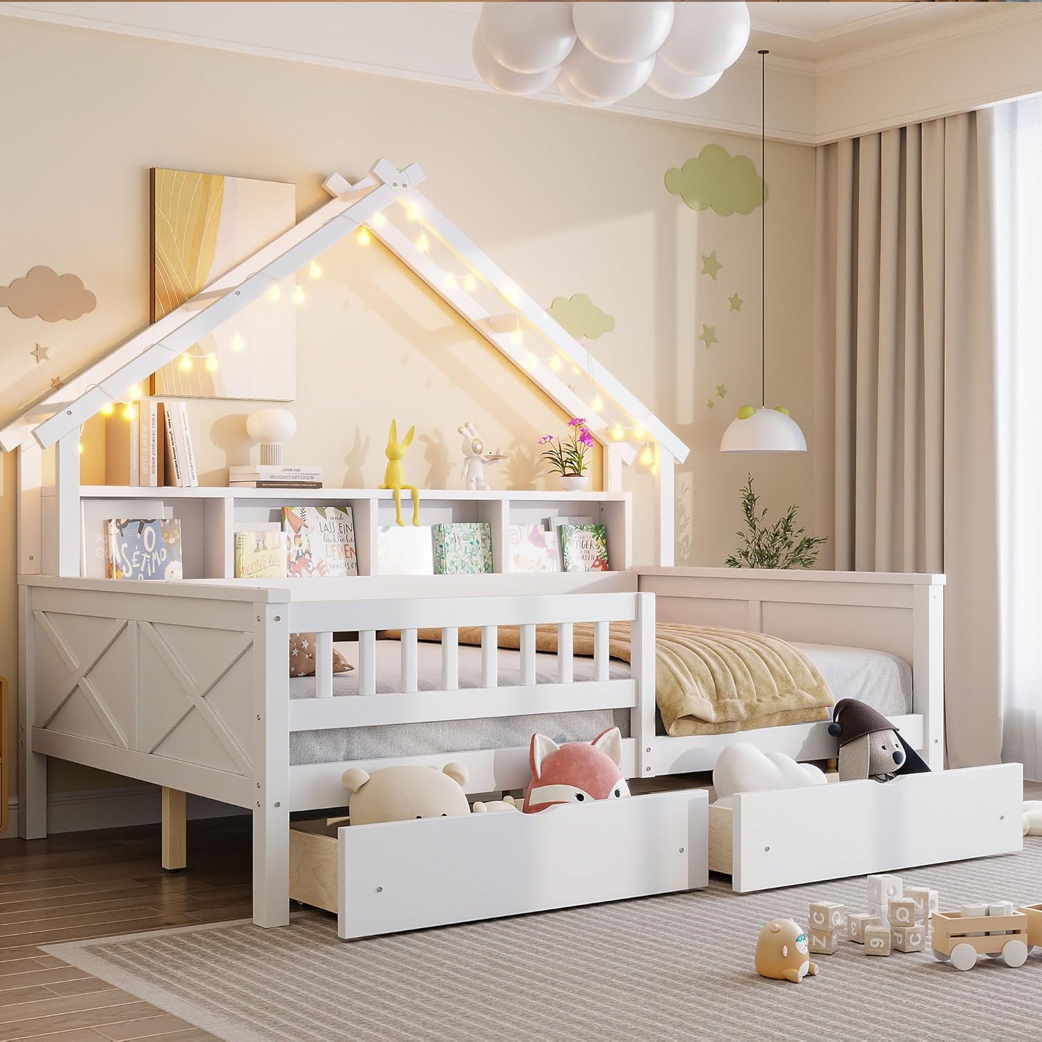 SOFTSEA Full Size House Bed with Storage Drawers, Wood Daybed with LED Lights, Storage Bookshelves, House Platform Bed Frame with Rails and Roof for Kids Boys Girls, White