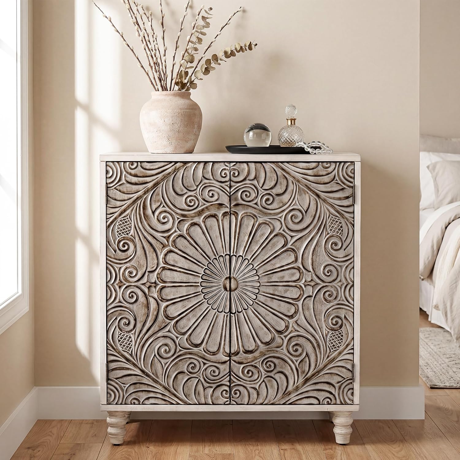 COSIEST Set of 2 32' Buffet Sideboard Cabinets with Storage, Accent Cabinet with Push-to-Open Doors, Vintage Flower Carved Pinewood Doors, Entryway Console for Living Room, Kitchen, Hallway, Gray