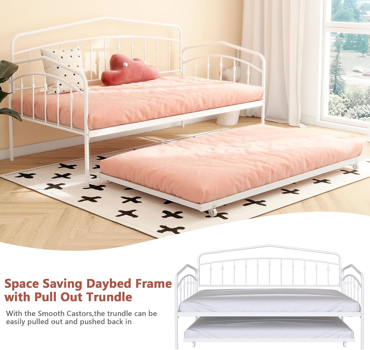mikibama Twin Daybed with Trundle,Victorian Metal Daybeds with Pull Out Trundle,Vintage Guest Day Bed Frame Twin Size for Living Room,Bedroom,Apartment (Victorian White with Trundle)