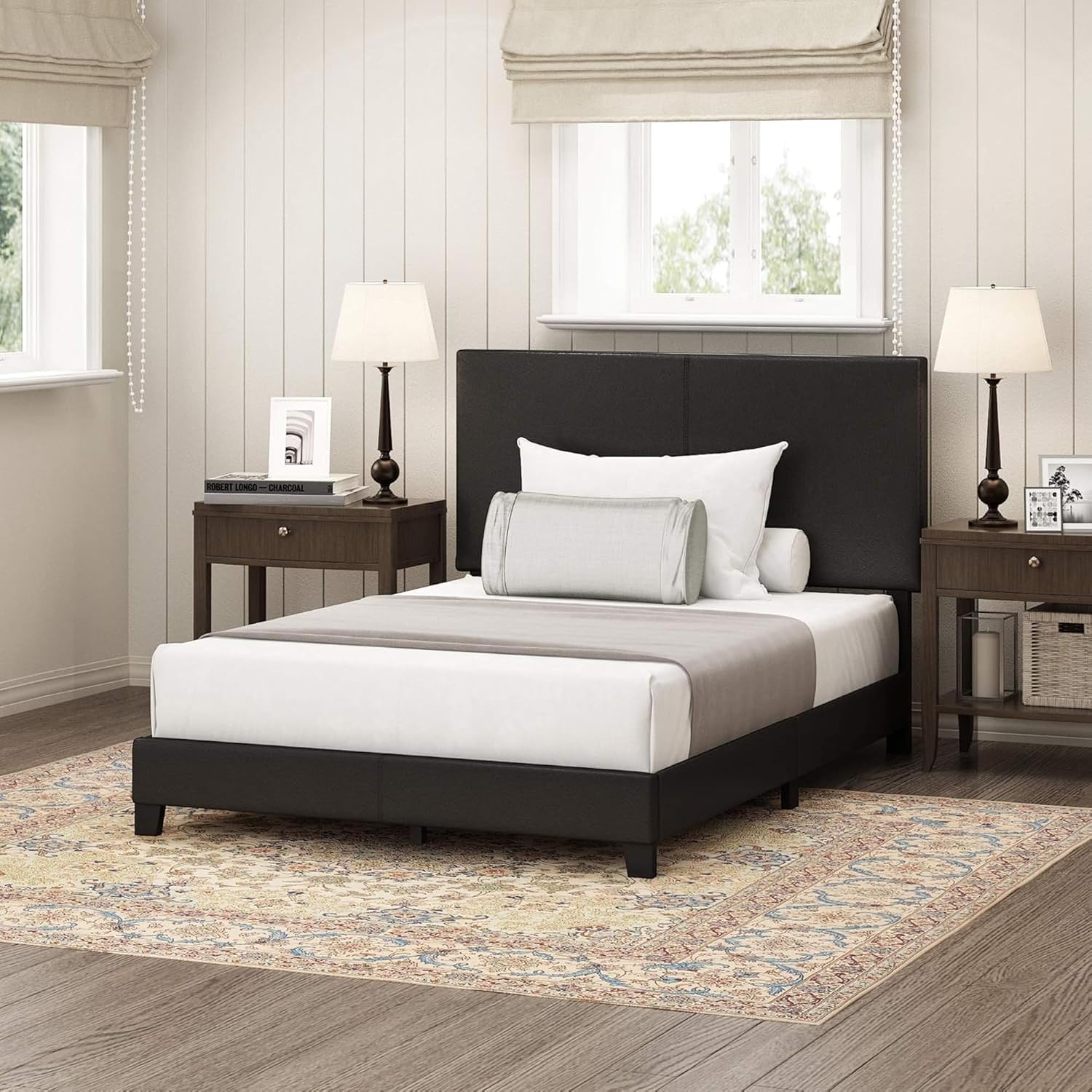 Upholstered Bed Frame Full Size, Modern Platform Bed with PU Leather Headboard & Wood Slat Support, Easy Assembly, Sturdy Bedroom Furniture (Black)