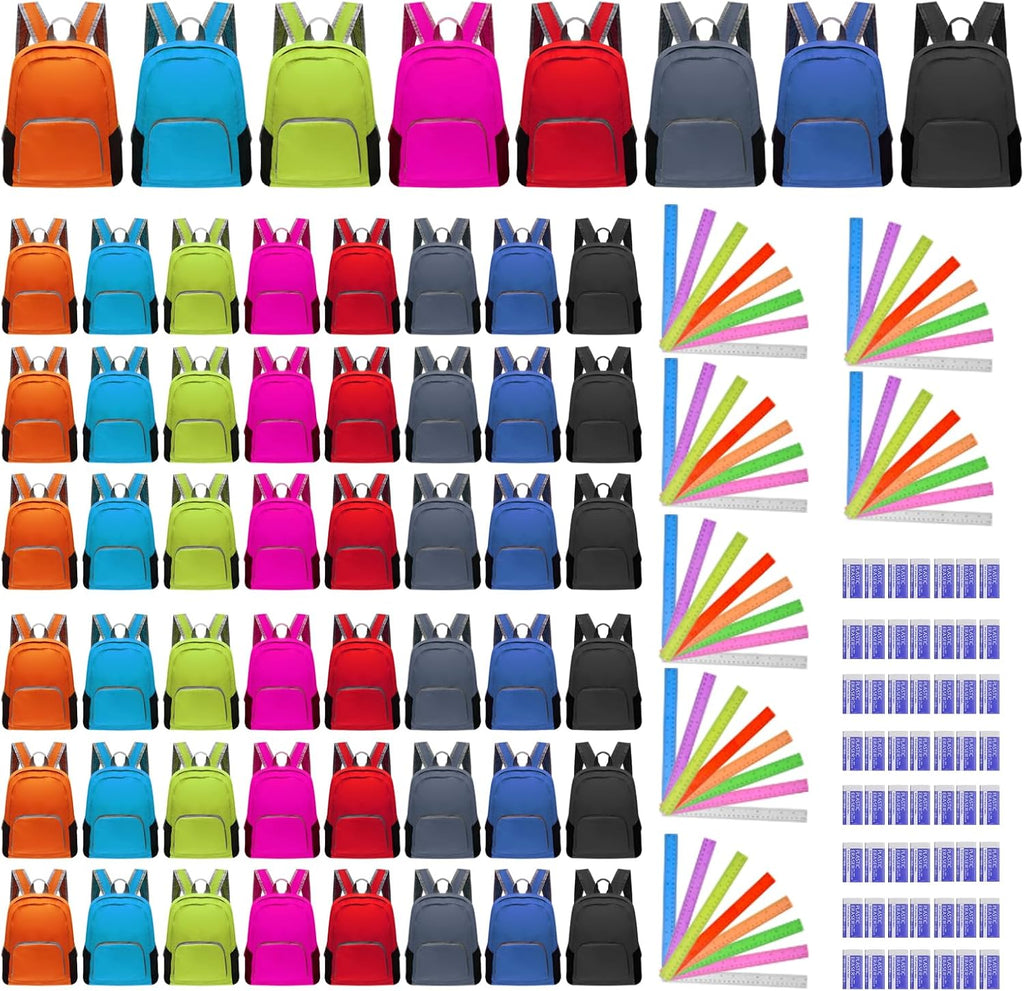 56 Pack Backpacks in Bulk 17 Inches Foldable Lightweight Bookbags for Boys Girls Basic Back with 56 Rulers 56 Erasers for Student Outdoor Travel School Supplies(8 Colors)