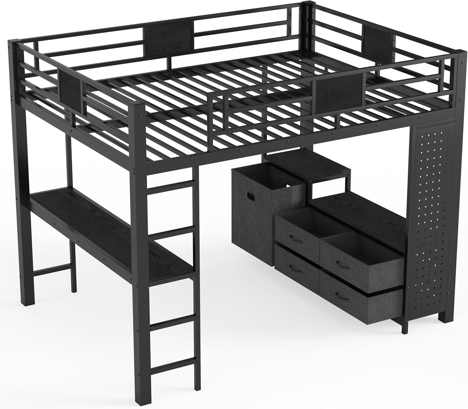 JIVOIT Queen Size Loft Bed with Desk & Shelves, All-in-One Loft Bed with Built-in Workstation & Storage, Space-Saving Metal Loft Bed with Cothesline Pole, Storage Pegboard, Laundry Bag