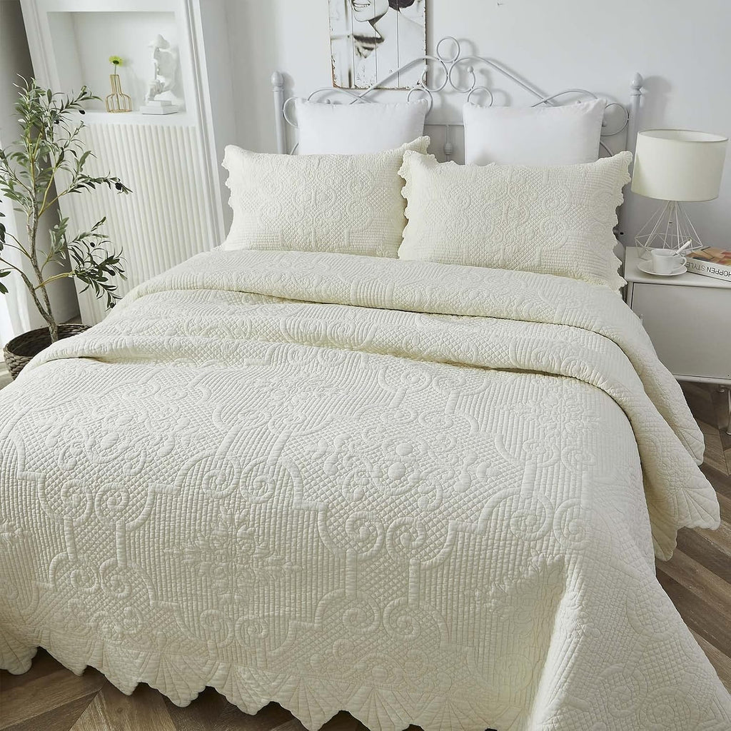 Brandream King Size Quilt Set Cotton Scalloped Quilt Cream Yellow 3 Piece | Real Stitching