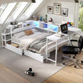 Full Corner Bed Frame with Storage Drawers, Modern Metal Day Bed Frame & L Shaped Bedframe with Led Lights/Charging Station/Bookcase/Desk (White, Queen)