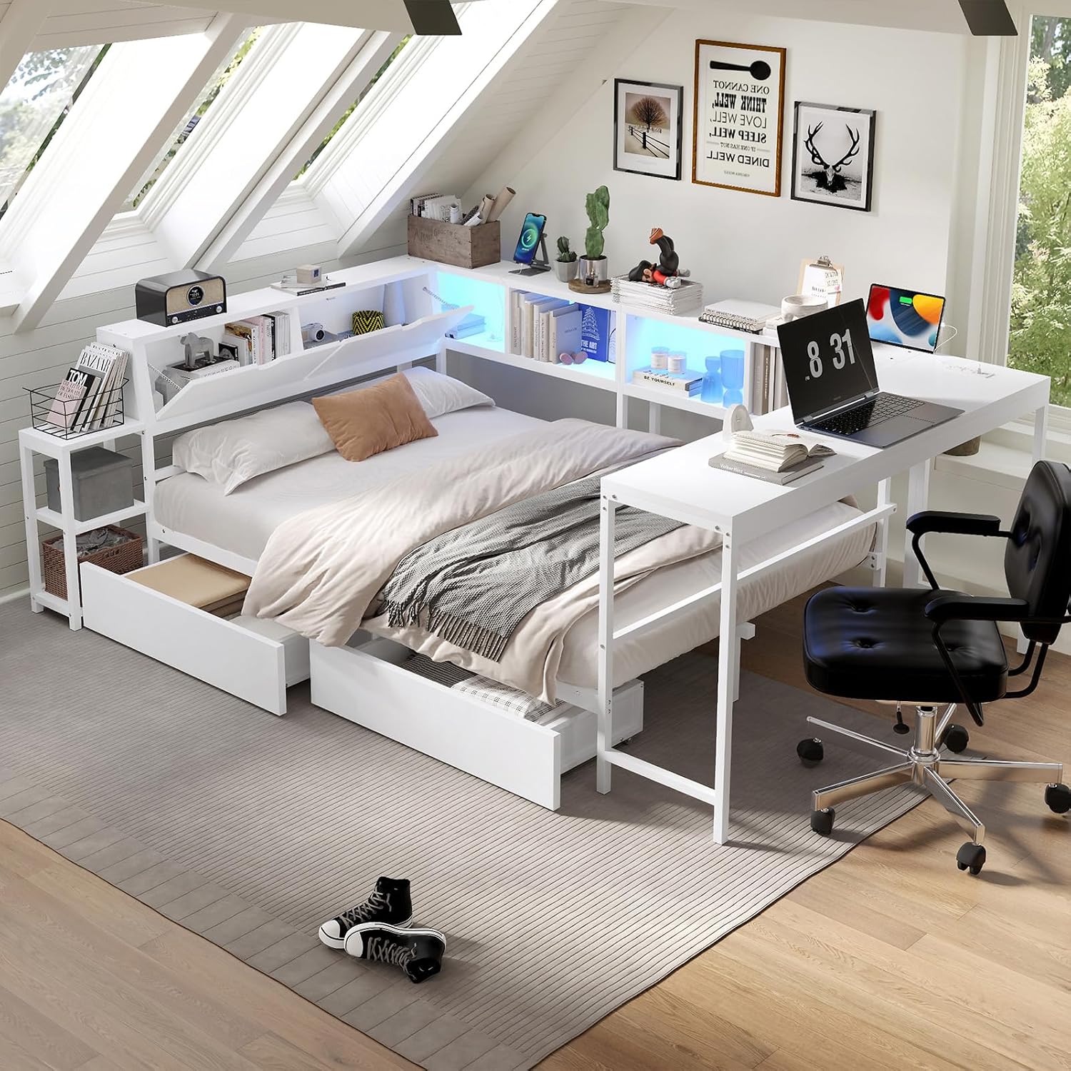 Full Corner Bed Frame with Storage Drawers, Modern Metal Day Bed Frame & L Shaped Bedframe with Led Lights/Charging Station/Bookcase/Desk (White, Queen)