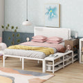 JIVOIT Full Size Bed Frame, Metal Platform Bed with Two-Tier Storage Shelves, Wooden Storage Cabinet, Upholstered Headboard, Cushioned Footrest at Bed's End, No Box Spring Needed (White/Full,223)