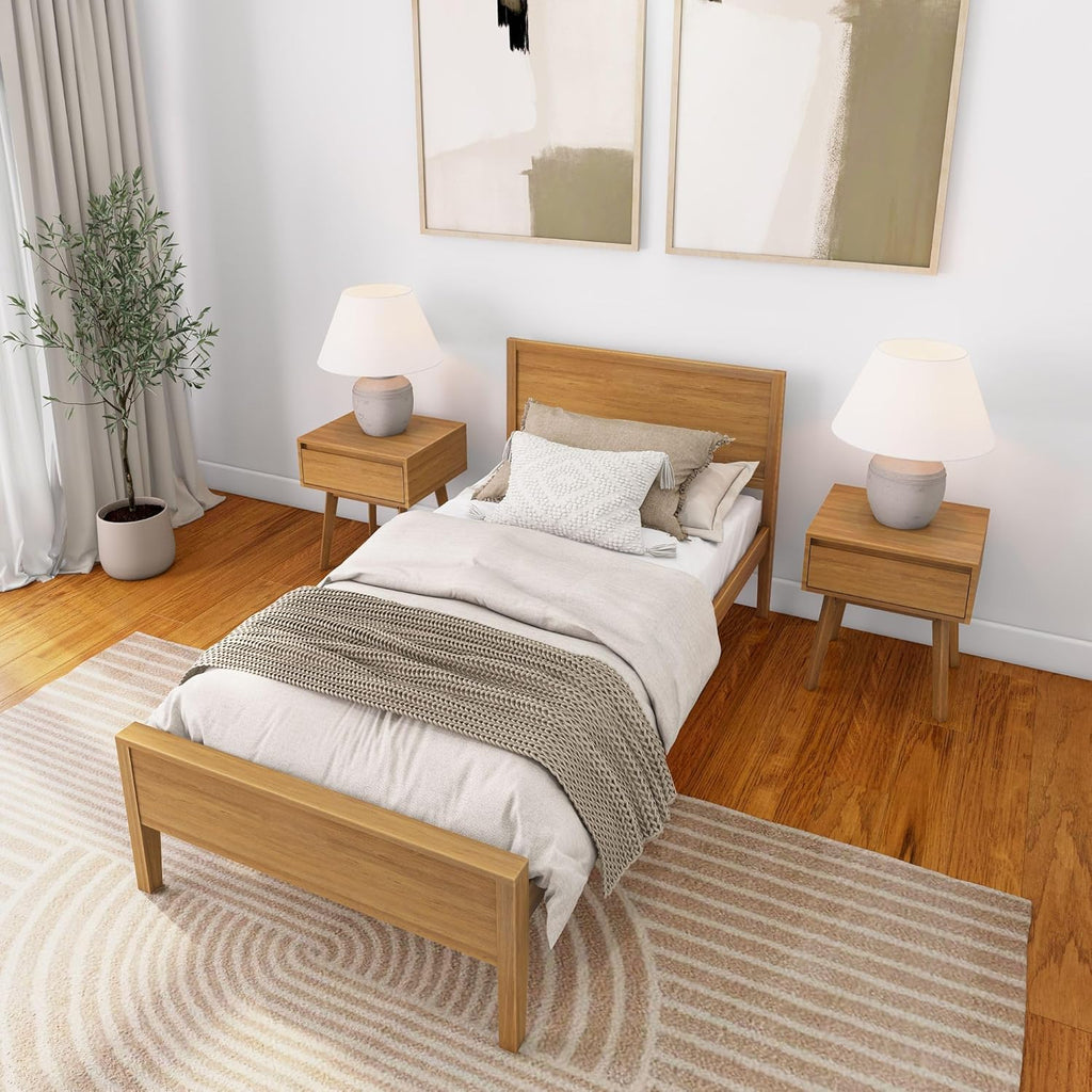 Plank+Beam Solid Wood Twin Bed Frame with Panel Headboard, Modern Twin Platform Bed with Wood Slat Support, No Box Spring Needed, Pecan
