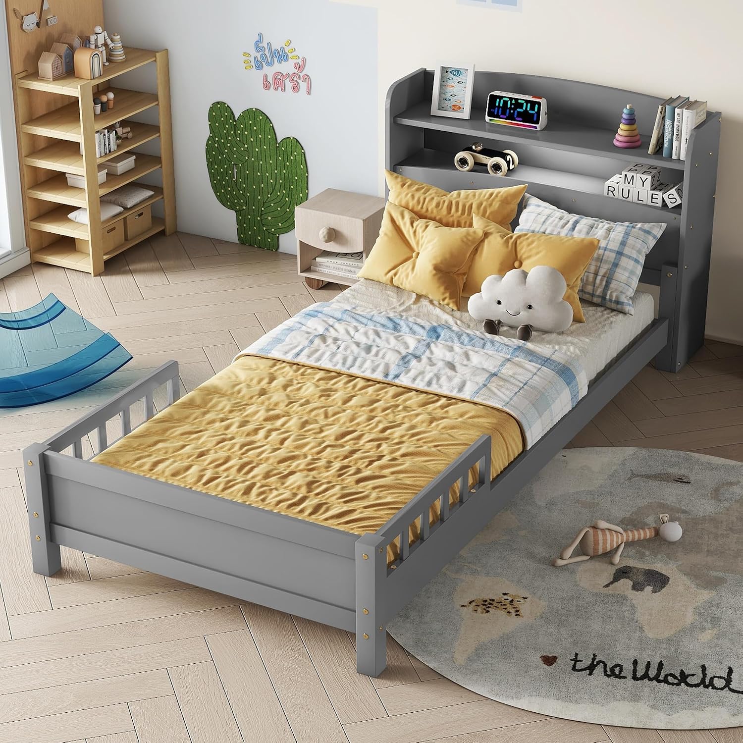 Twin Bed Frames for Kids with Storage Bookcase, Twin Kids Bed Frame with LED Motion Sensor Light & Guardrails, Kids Wood Twin Bed Frame, No Box Spring Needed, Grey