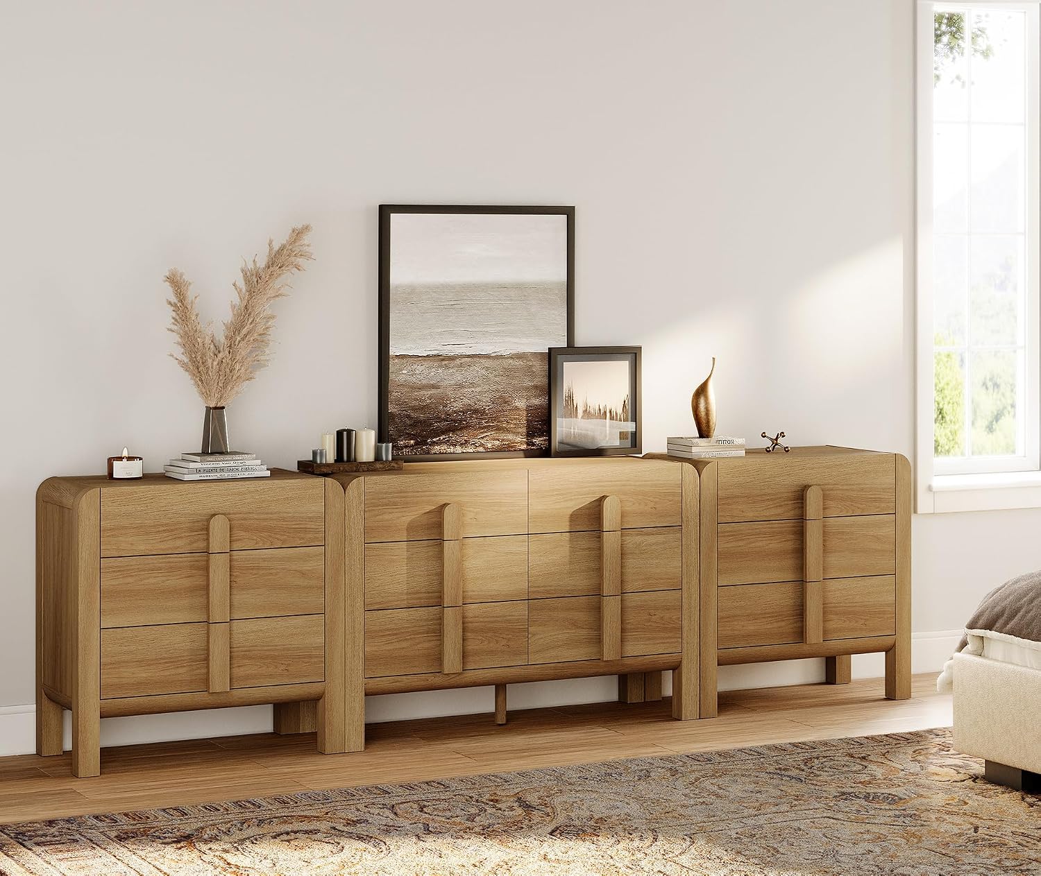 WAMPAT 3 Piece Bedroom Dresser Set, 110.2' Wide 12 Drawers Wood Dresser, Mid-Century Modern Storage Chest with Curved Handles for Bedroom, Living Room (Light Walnut)