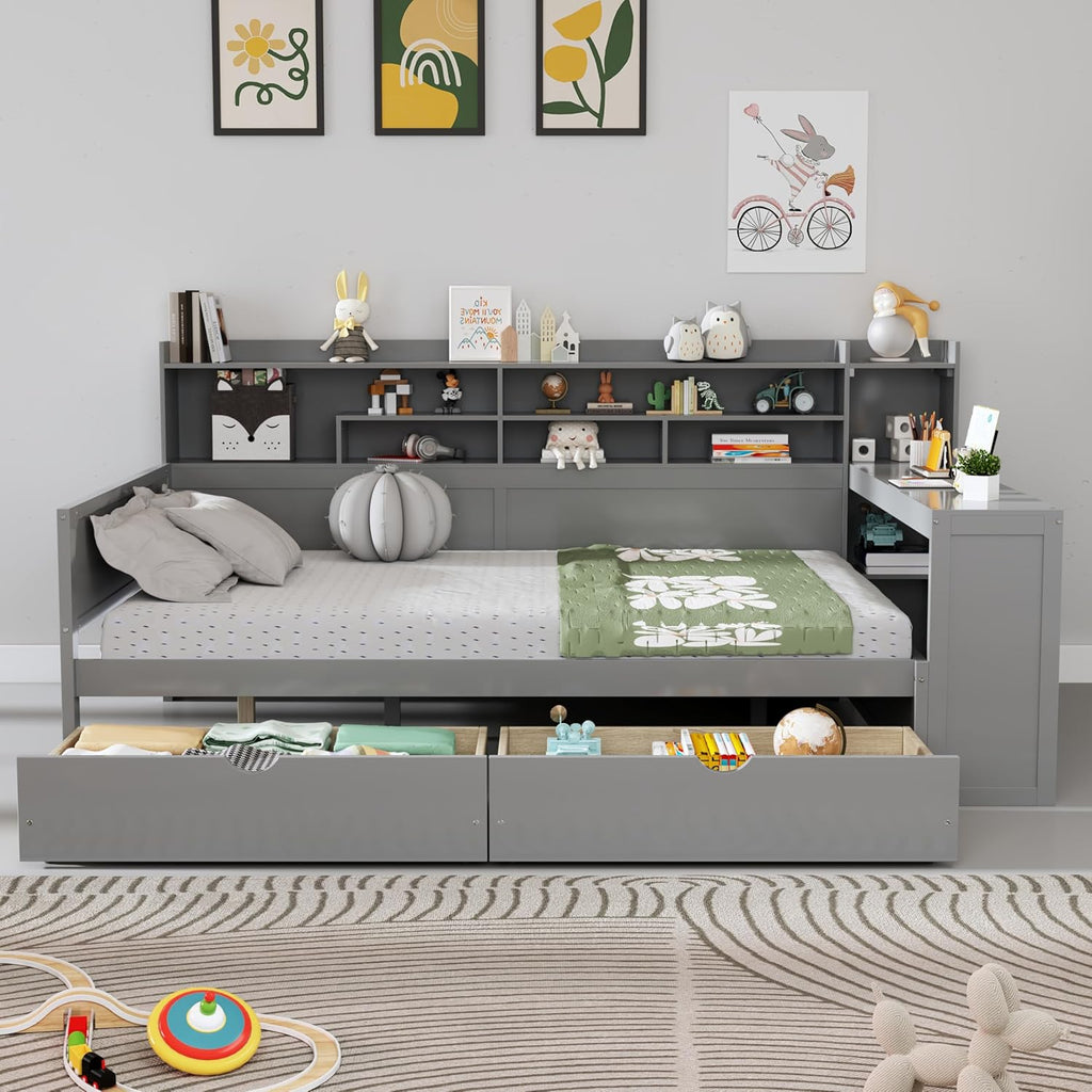 Mirightone Corner Full Bed Frame with Bookcase Storage and Desk, Wood Day Beds with 2 Drawers, Full Size Daybed with Storage for Living Room,Bedroom & Guest Room, Gray