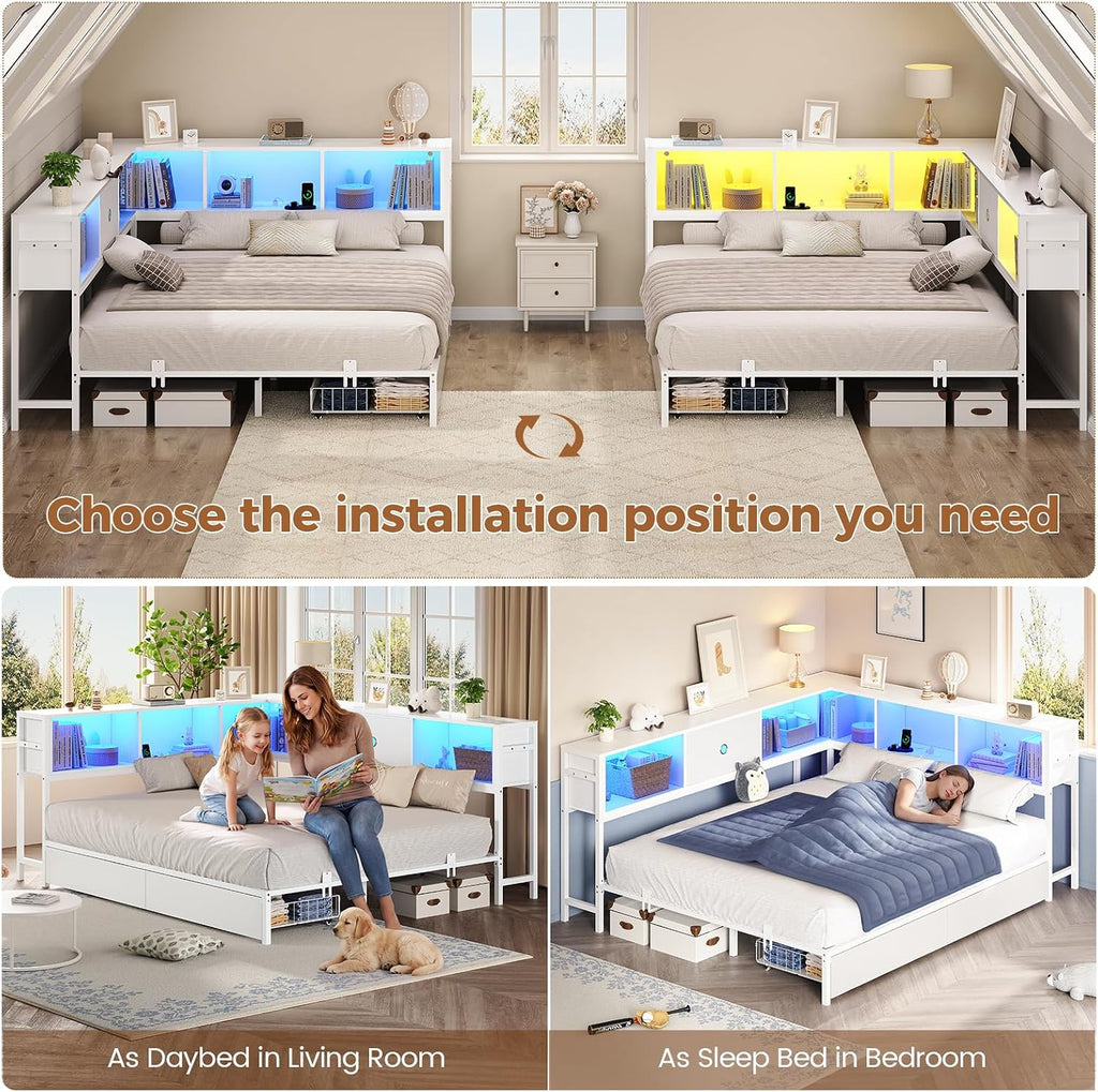 Hasuit Queen Corner Bed Frame with Storage Drawers and Bookcase Headboard, Queen Size Metal Platform Corner Bed Frame with Charging Station and LED Lights, Queen Daybed for Adults Teens Guests, White