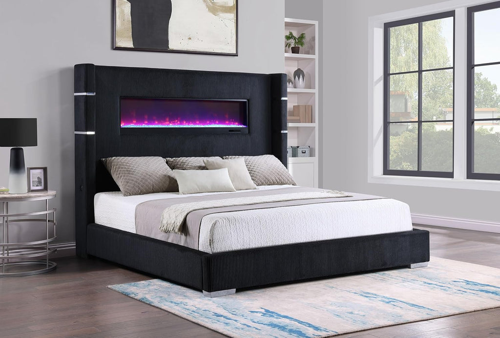 Coaster Home Furnishings Tisdall Contemporary Corduroy Upholstered Queen Size Flame Visualizer Wingback Bed Frame 67-inch Headboard with USB Charging Outlet Black 306031Q