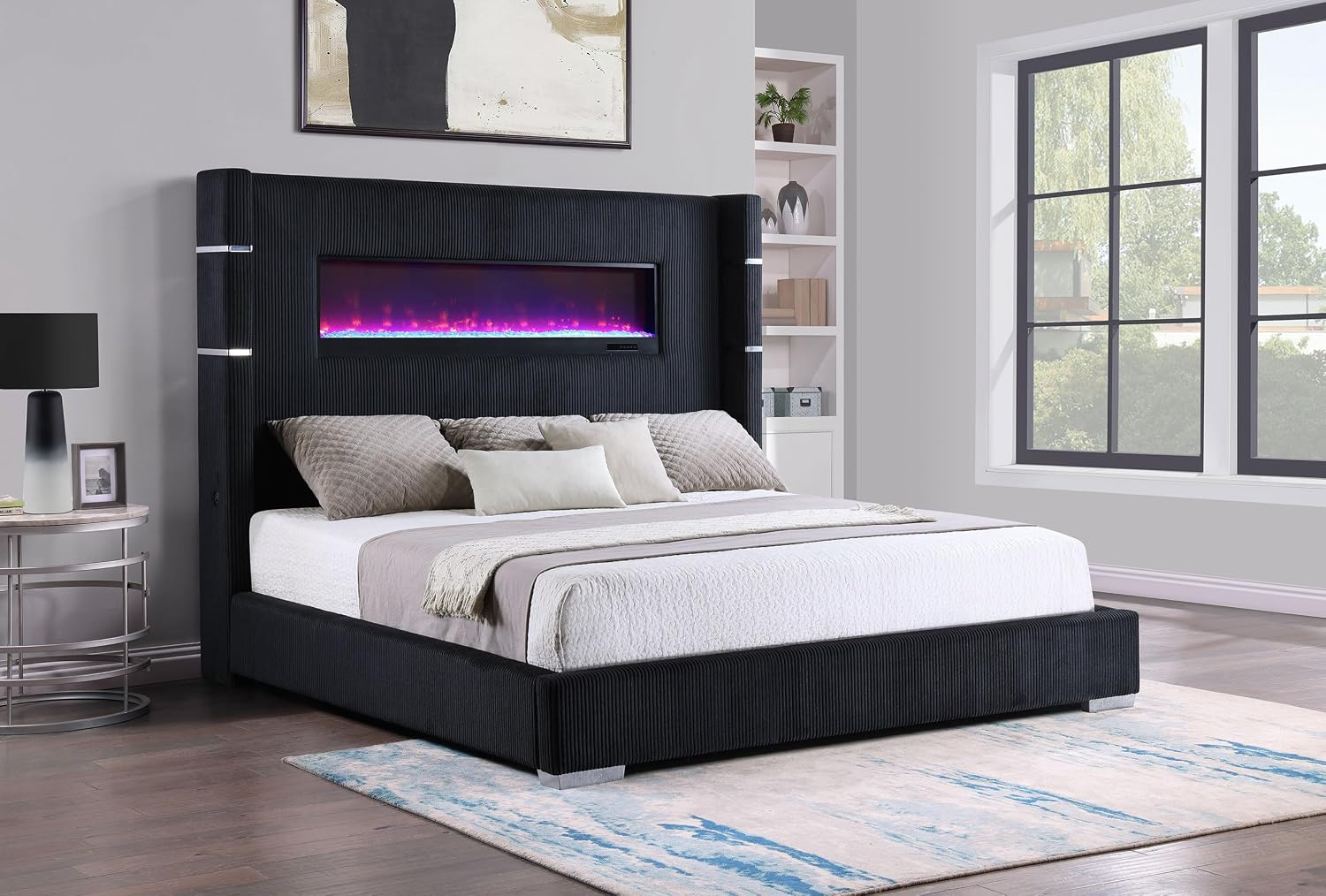 Coaster Home Furnishings Tisdall Contemporary Corduroy Upholstered Queen Size Flame Visualizer Wingback Bed Frame 67-inch Headboard with USB Charging Outlet Black 306031Q