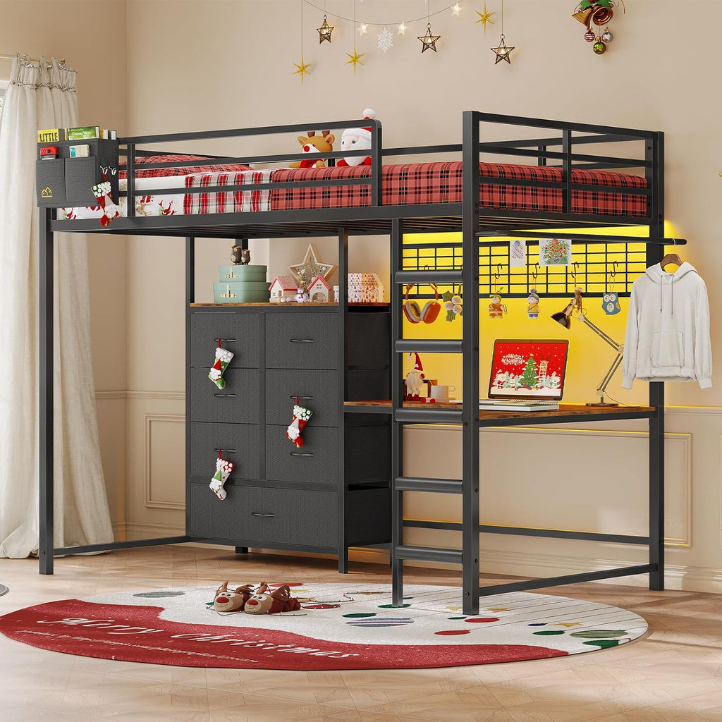 Twin Loft Bed with L-Shaped Desk, 7 Storage Drawers, Metal Loft Bed Twin Size with LED Lights and Charging Station, Storage Shelf and Pegboard, Safety Guardrail and Ladder, No Box Spring Needed, Black