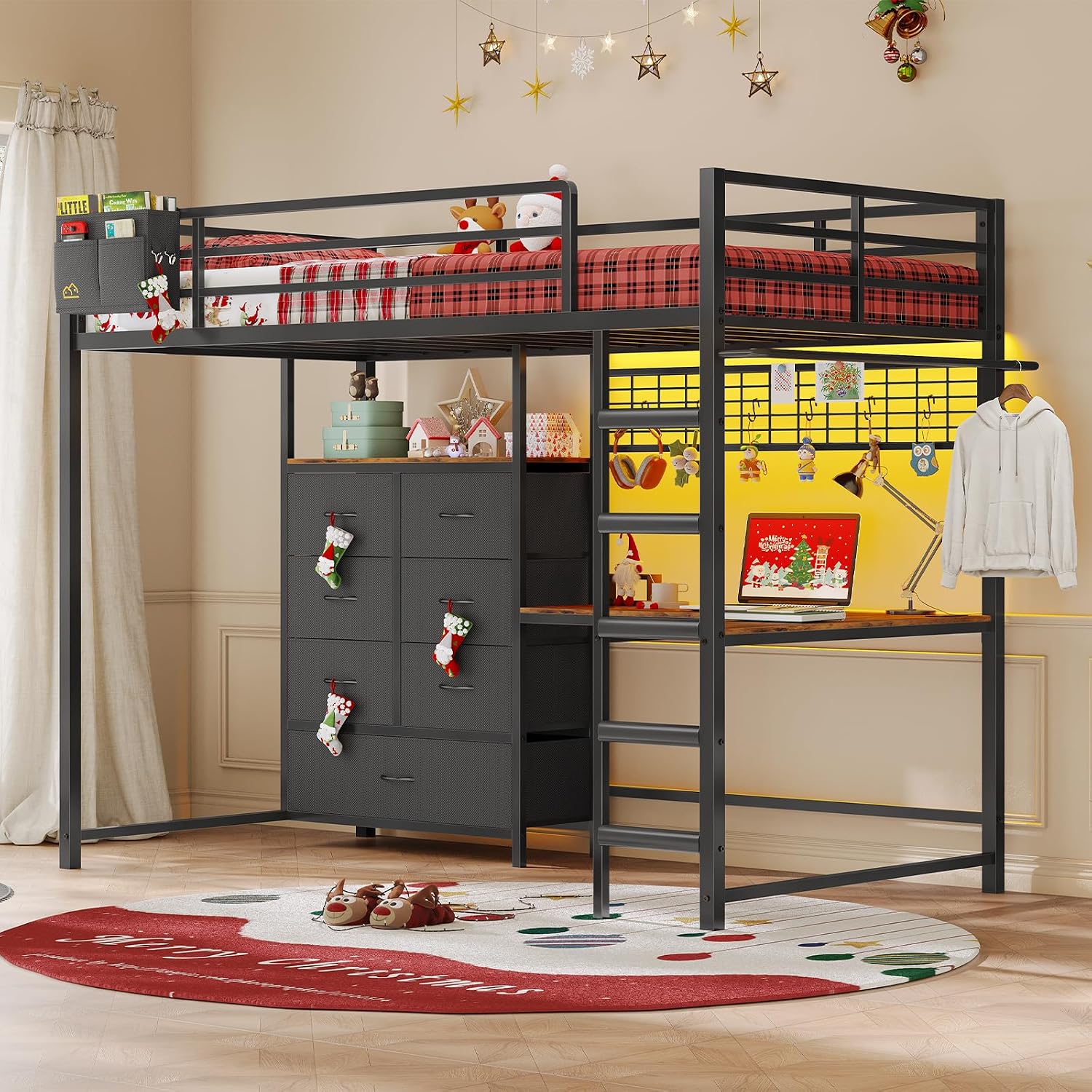 Twin Loft Bed with L-Shaped Desk, 7 Storage Drawers, Metal Loft Bed Twin Size with LED Lights and Charging Station, Storage Shelf and Pegboard, Safety Guardrail and Ladder, No Box Spring Needed, Black