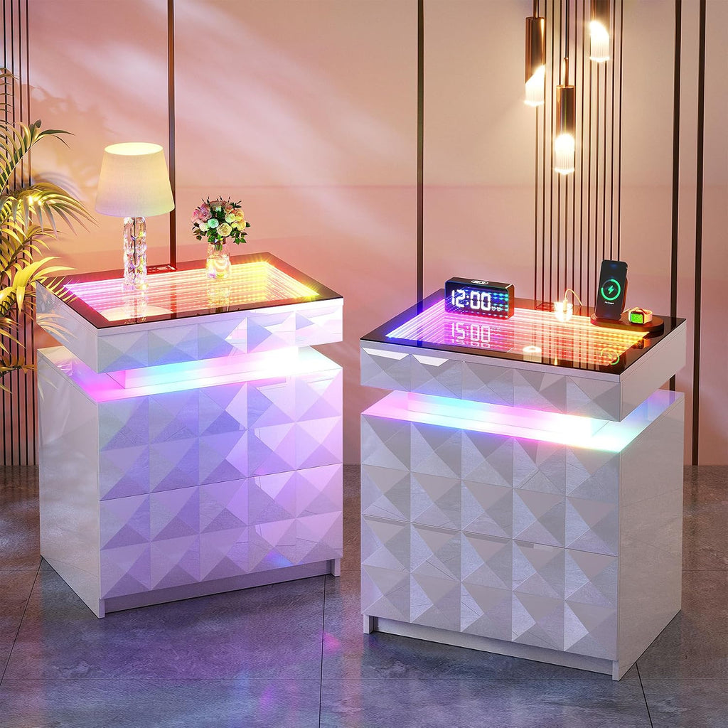 Night Stand Set 2 with Charger Station & RGB Lights, 3 Drawers Bedside Table with Sliding Top, Modern NightStands with Human Body Sensor for Bedroom, White