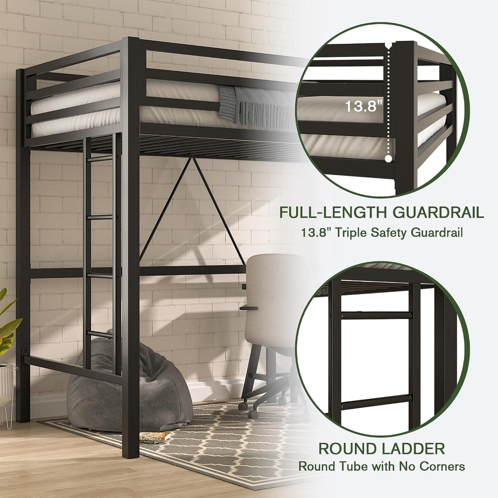 MUTICOR Twin Loft Bed Frame for Juniors and Adults with Safety Guardrail and Ladder,Metal Slats Support, Small Space Saving Furniture for Bedroom Kids Room and Dorm,Black