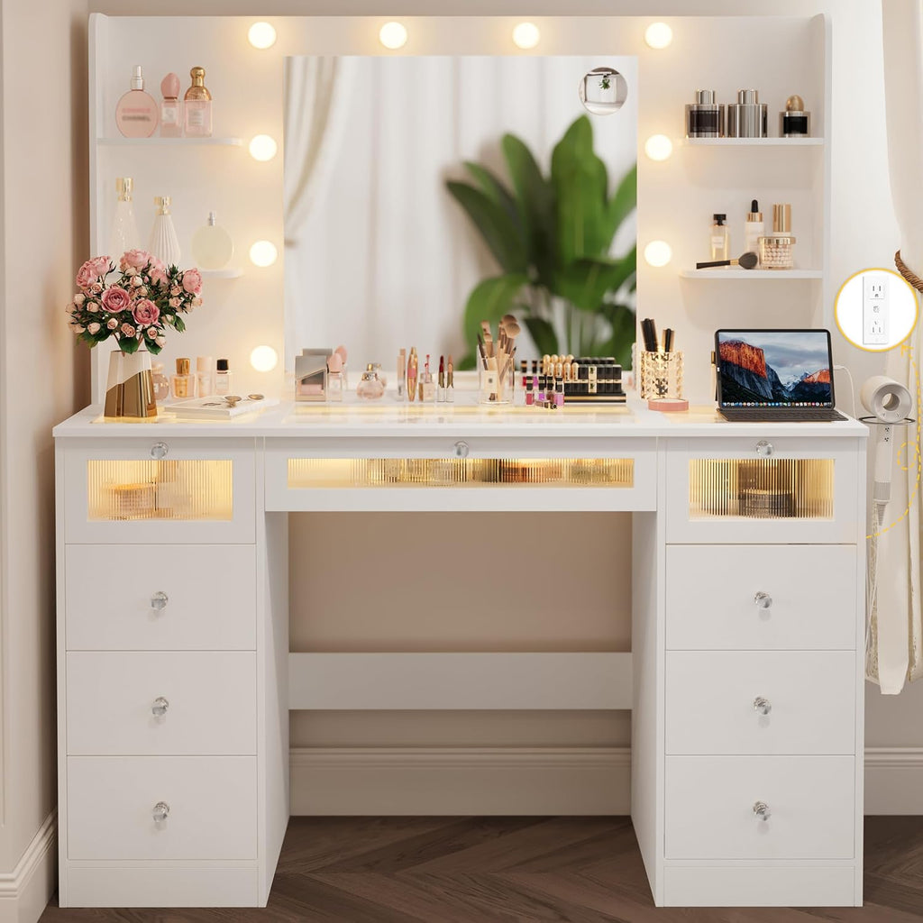 White Vanity with Lighted 23.5' Mirror, Glass Top Vanity Desk with 9 Drawers & 3 Color Hollywood Bulbs & 4 Shelves & Acrylic & Power Outlet, Makeup Desk Dressing Table for Bedroom