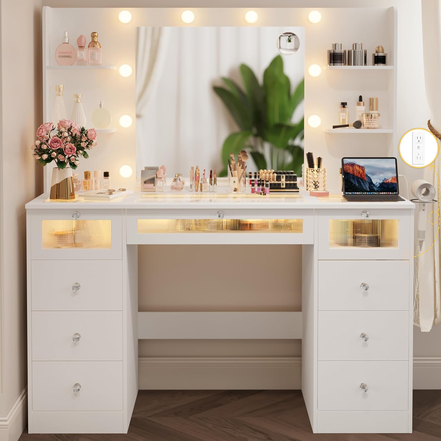 White Vanity with Lighted 23.5' Mirror, Glass Top Vanity Desk with 9 Drawers & 3 Color Hollywood Bulbs & 4 Shelves & Acrylic & Power Outlet, Makeup Desk Dressing Table for Bedroom