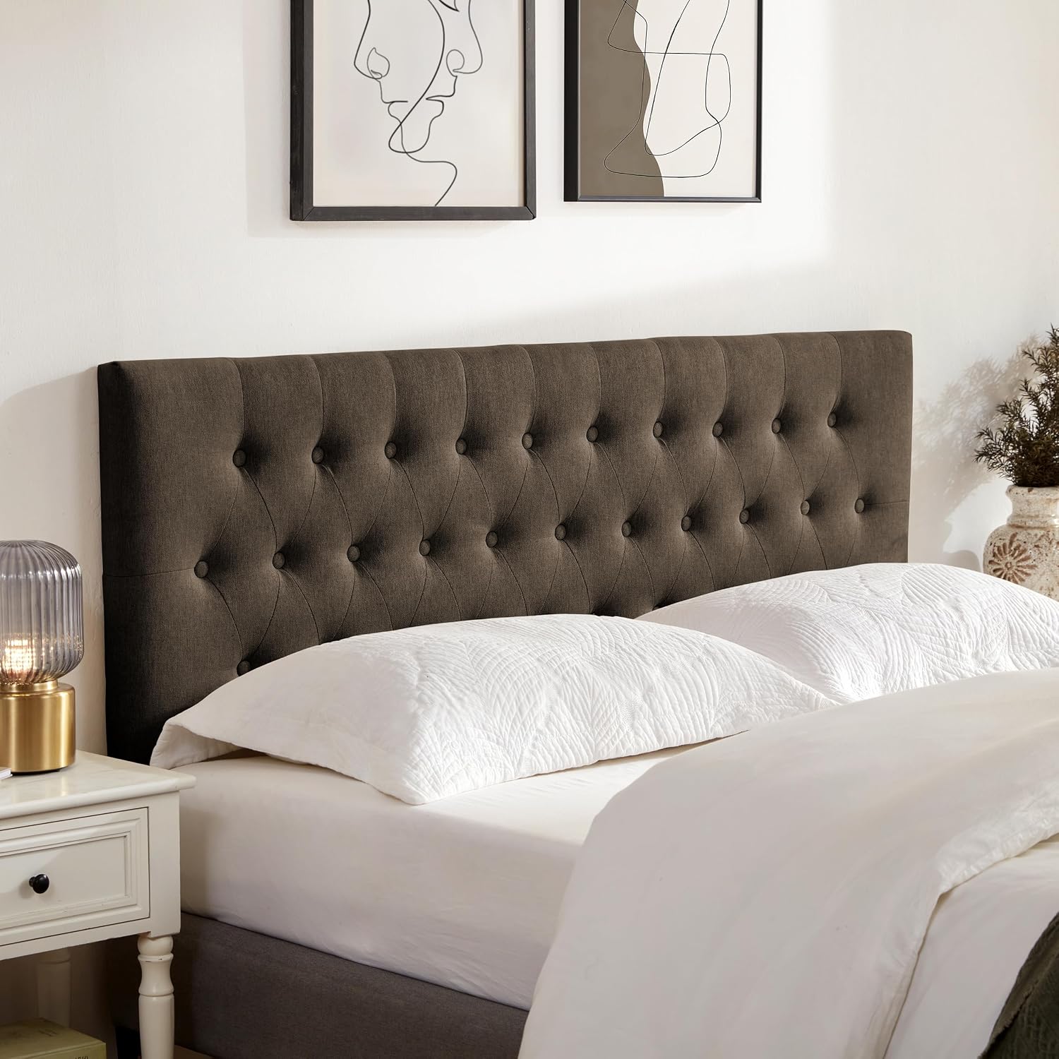 Huatean Home Tufted Upholstered Headboard Full Size, Solid Wood Head Board with Durable Metal Legs, Adjustable Height Bed headboard from 37' to 51' Fabric Headboard in Modern Button Design, Chocolate