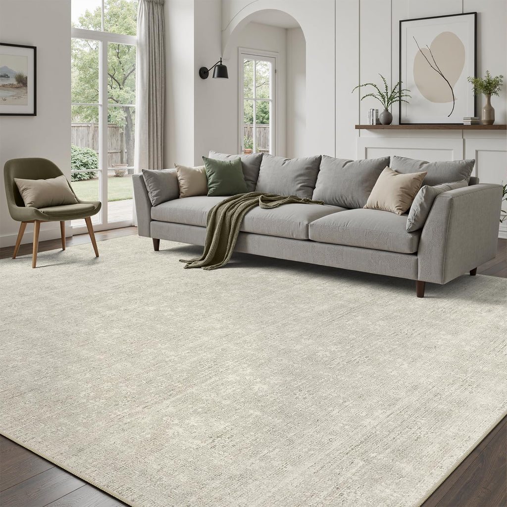 DCX 9x12 Beige Rug, Kid & Pet Friendly with Rubber Back Non Slip, Machine Washable Stain Resistant Neutral Floral Rug for Living Room, Bedroom, Home Office, Soft Low Pile Large Nursery Carpet