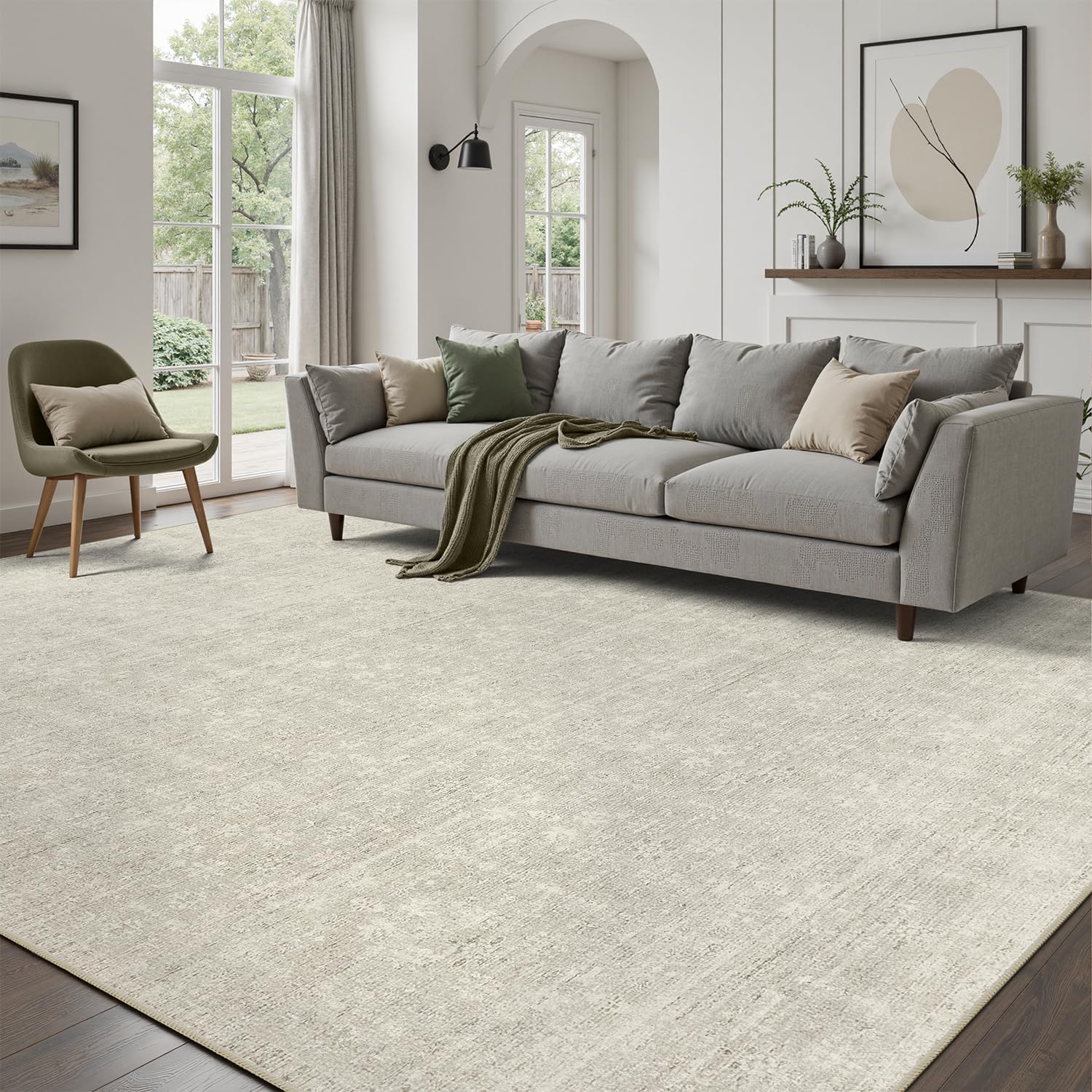 DCX 9x12 Beige Rug, Kid & Pet Friendly with Rubber Back Non Slip, Machine Washable Stain Resistant Neutral Floral Rug for Living Room, Bedroom, Home Office, Soft Low Pile Large Nursery Carpet