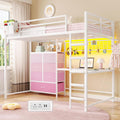 Twin Loft Bed with L-Shaped Desk, 7 Storage Drawers, Loft Bed Twin Size for Kids with LED Lights and Charging Station, Open Shelf & Pegboard, Metal Frame with Safety Guardrail & Ladder, White and Pink