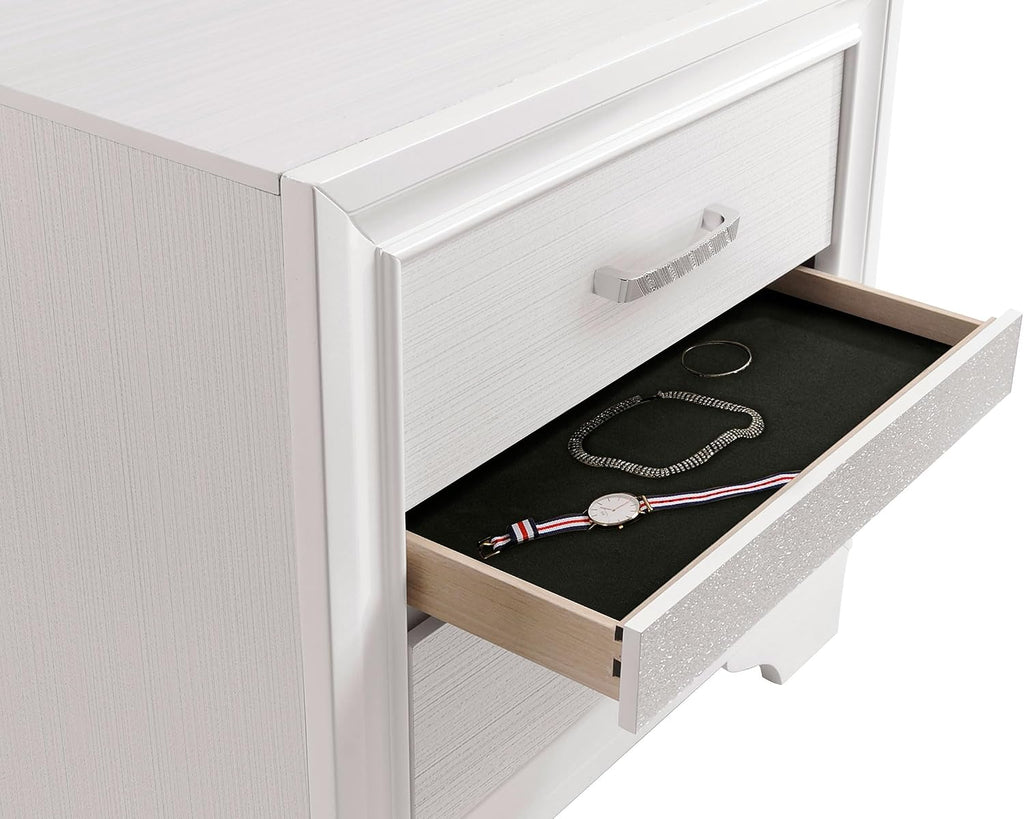 Coaster Home Furnishings Miranda 2-Drawer Bedroom Nightstand Modern Glam Wood Bedside Table Decorative Crystal Acrylic Trim Chrome Handles White 205112