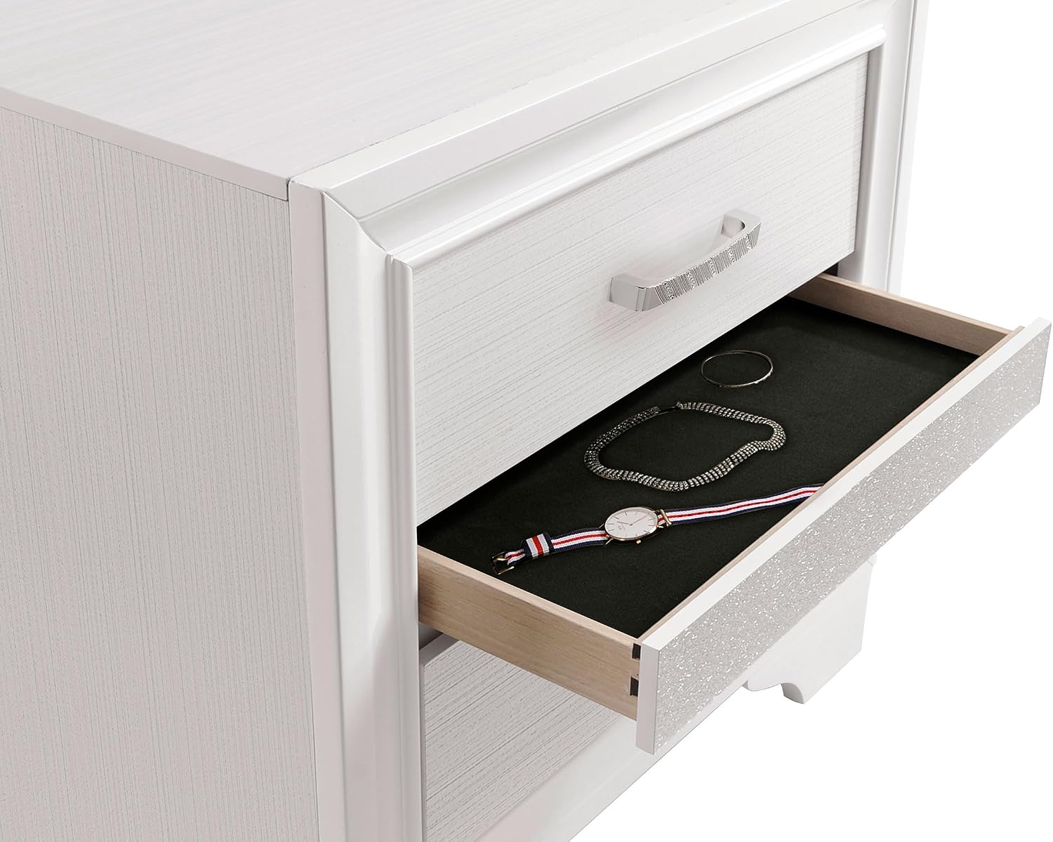 Coaster Home Furnishings Miranda 2-Drawer Bedroom Nightstand Modern Glam Wood Bedside Table Decorative Crystal Acrylic Trim Chrome Handles White 205112