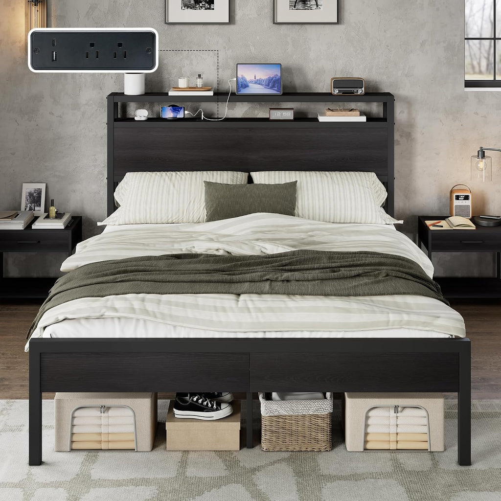 AMERLIFE Full Size Bed Frame with Storage Headboard & Charging Station, Industrial Metal Platform Bed with Large Under-Bed Storage, Heavy Duty Slats, No Box Spring Needed, Black