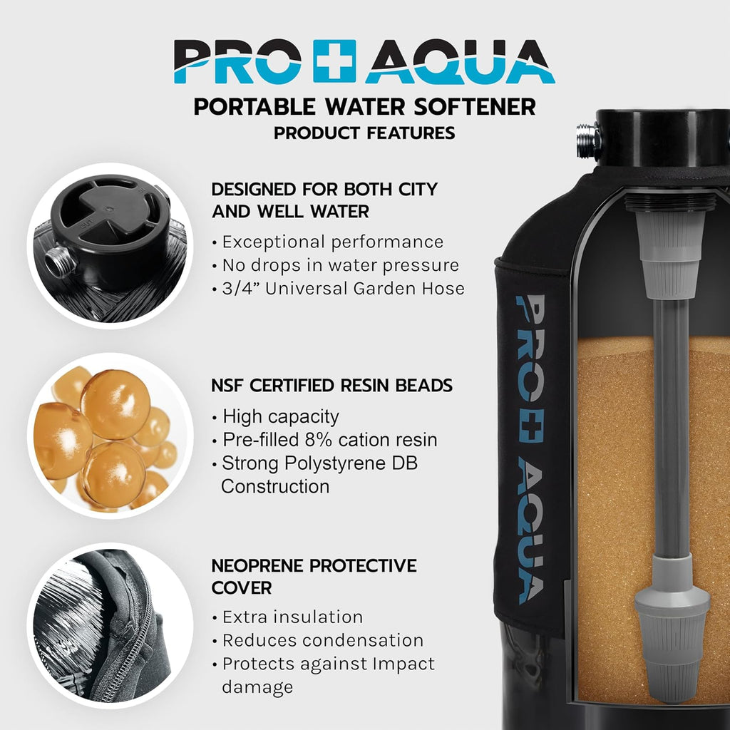 PRO+AQUA 16,000 Grain Portable Water Softener for RV, Trailers, Boats, Mobile Car Wash, Pressure Wash – Protects Water Systems from Hard Water Damage and Corrosion, with (Softener + Regeneration Kit)