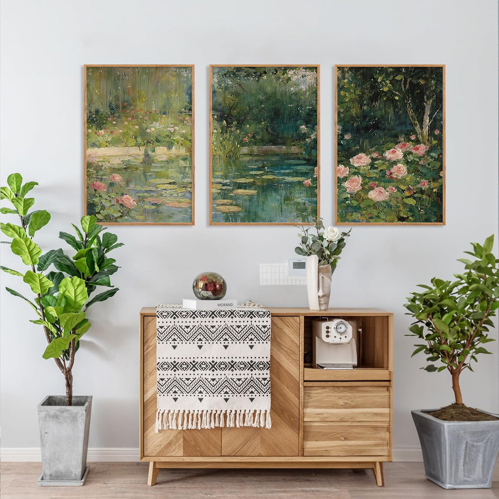 FWIEXA Monet Floral Framed Canvas Wall Art Set, Impressionist Botanical Garden Wall Decor, Vintage Ponds Tree Plant Artwork, Nature Landscape Prints for Living Room, Bedroom - Size 24'x36'x3