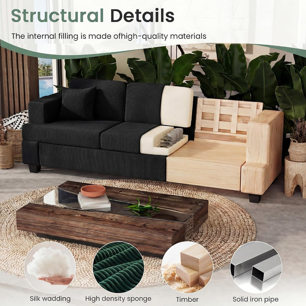 Fiona's magic 4 Seats Couch Set, 2 Piece Set Comfy Sofa, Loveseat Sofa*2 with Deep Seats for Living Room, Modern Sleeper Couch, Black Corduroy